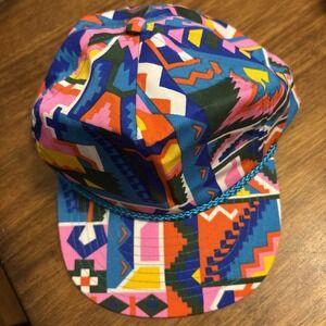 Vintage 90s Nissin Snapback Rope Hat Aztec Print Colorful Skater Streetwear Cap